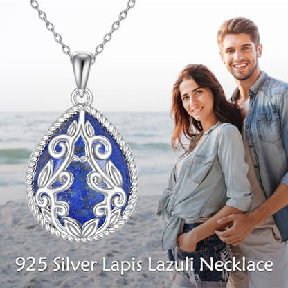 YAFEINI Teardrop Necklace Sterling Silver Filigree Irish Pendant Necklace Natural Stone Moonstone/Lapis Lazuli/Larimar/Moss Agate Necklace Jewelry - color: Lapis Lazuli Filigree Necklace