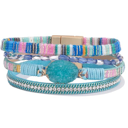 Boho Chunky Leather Wrap Bracelets Stackable Beaded Western Country Jewelry | Crystal Bead Trendy Layered Cuff Magnetic Clasp Stack Bohemian Statement Costume Outfits Cowgirl Fashion Hippie Accessories - color: Boho Blue, size: 7.7"
