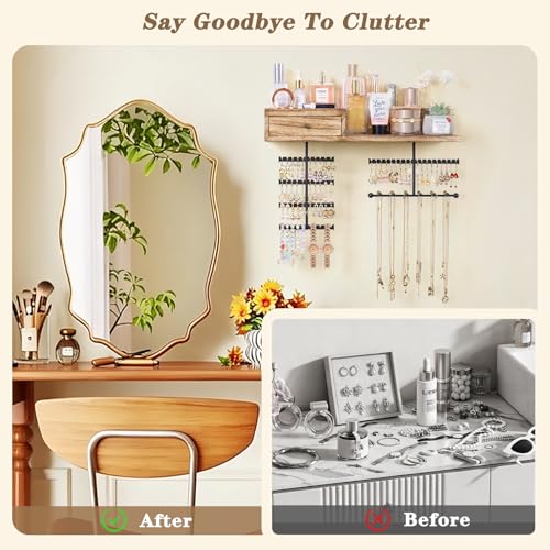 VINAEMO Jewelry Organizer Hanging Wall Mounted Jewelry Holder with Rustic Wood Drawer & Large Capacity Storage Shelf Rack Display for Earrings Rings Necklaces Bracelet - color: Carbonized Black