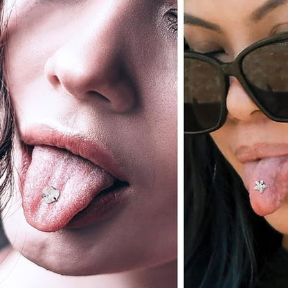 6Pcs Surgical Steel CZ Tongue Rings Sparkling Round Heart Flower Pink Butterfly Tongue Barbell Tongue Piercing Jewelry for Women