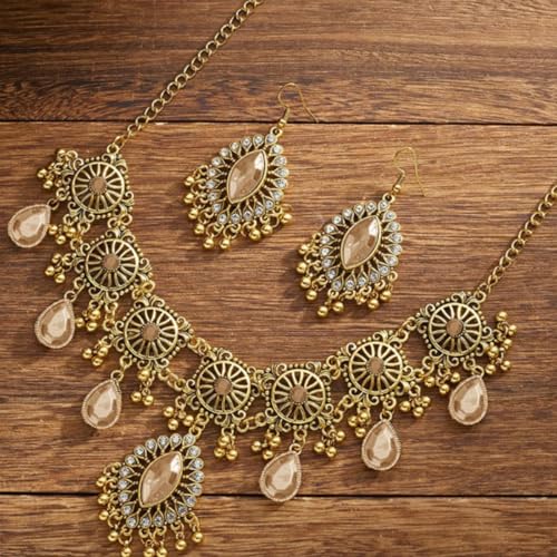 Frodete Indian Jewelry Sets for Women Traditional Bohemian Wedding Jewelry Set Indian Dresses for Women Oxidized Ethnic Party Prom Wear - color: D6:GOLD champagne