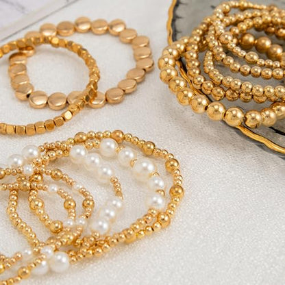 wekicici Golden Bracelet for Women Gold Plated Layered Beads Ball Bracelets Stackable Faux Pearl Bead Bracelet Set Fashion Adjustable Bracelet Set Jewelry for Gifts