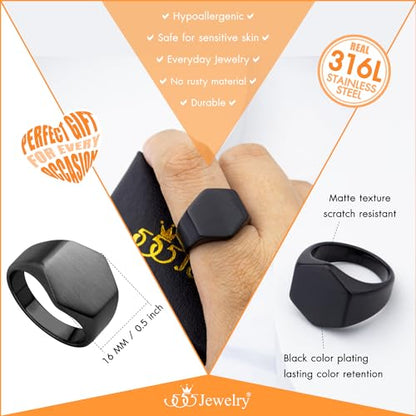 555Jewelry Stainless Steel Solid Plain High Polish Round Signet Ring for Men - color: Hexagon Black