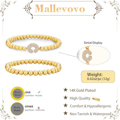 Initial Stack Bracelet Set for Women Trendy 14K Gold Plated Beaded Stackable Stacking Stretch Name Bracelets Dainty Friendship Waterproof Charm Cute Birthday Jewelry Gifts for Women - color: Initial C