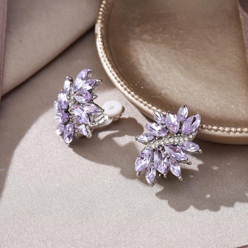 EVER FAITH Sparkly Rhinestone Clip-on Earrings for Women Bride, Fashion Marquise Crystal Cluster Wedding Bridal Stud Earring for Prom Formal Party - color: Light Purple Silver-Tone