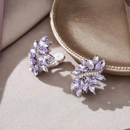 EVER FAITH Sparkly Rhinestone Clip-on Earrings for Women Bride, Fashion Marquise Crystal Cluster Wedding Bridal Stud Earring for Prom Formal Party - color: Light Purple Silver-Tone