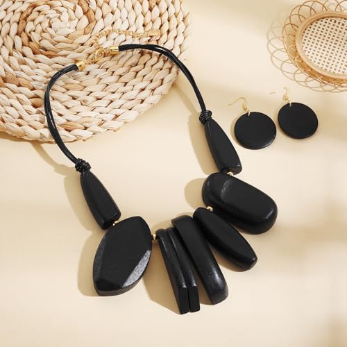 Coiris Chunky Statement Necklace and Earring Sets for Women Boho Wooden Necklaces Earrings Jewelry Set for Women - color: Black