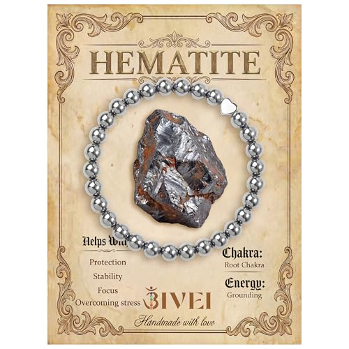 Bivei Crystal Stretch 6mm Bracelets for Women | Handmade Natural Stone Beaded Stretch Bracelet, Stainless Steel Heart Bead, Tranquility Yoga Gift Jewelry for Women - color: Hematite - Grounding