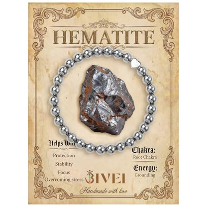 Bivei Crystal Stretch 6mm Bracelets for Women | Handmade Natural Stone Beaded Stretch Bracelet, Stainless Steel Heart Bead, Tranquility Yoga Gift Jewelry for Women - color: Hematite - Grounding