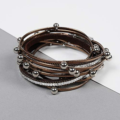 Artilady Leather Wrap Bracelet for Women, Pearl Beaded Bangle Stack Jewelry | Easy on-off, Elegant Handmade Multi-Layered, Daily Casual Date Beach Vacation, Gift for Ladies, Mother, Sister & Friend - style: Brown with Beads