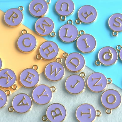 A-Z Letter Charms Round Enamel Alphabet Initial Pendant for Jewelry Making,Double-Side for Necklace Bracelet Earring DIY Craft - color: 1 set(26pcs)-Purple