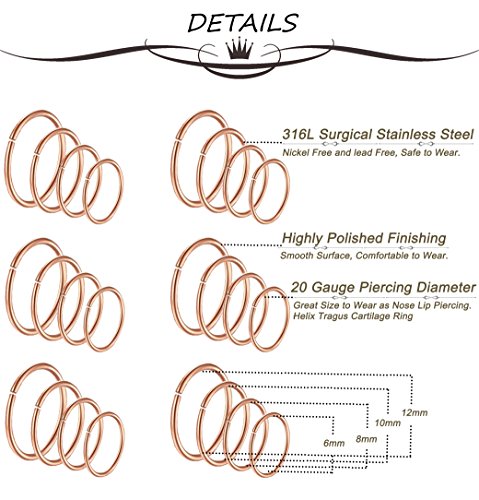 24Pcs 20G 316L Stainless Steel Nose Rings Hoop Tragus Cartilage Helix Piercing Lip Septum Ring 6-12MM Bendable - color: B: 24Pcs Rose Gold