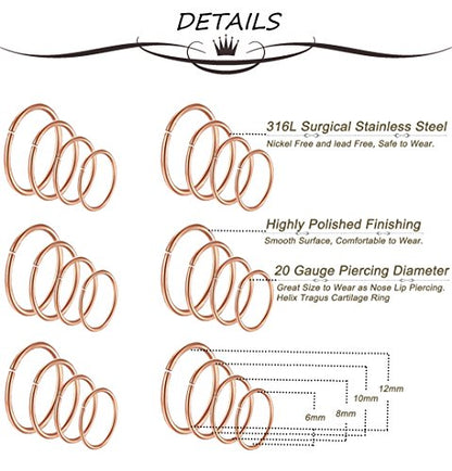 24Pcs 20G 316L Stainless Steel Nose Rings Hoop Tragus Cartilage Helix Piercing Lip Septum Ring 6-12MM Bendable - color: B: 24Pcs Rose Gold