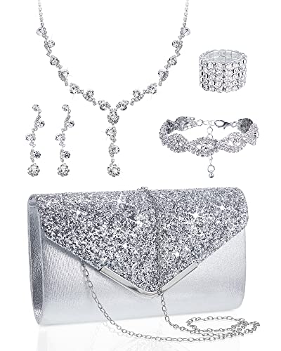 Henoyso 5 Pcs Purse Rhinestone Jewelry Set Prom Jewelry Rhinestone Clutch Purse Necklace Earrings Bracelets for Women Bride - color: Silver