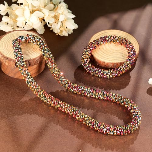 Hand Knotted Beads Statement Necklace Bracelet Jewelry Set Artificial Crystal Choker for Women- Handmade Beaded Strand Sparkly Faceted Crystal Rondelle-17inches, 30 Colors - color: Brown Set