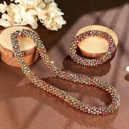 Hand Knotted Beads Statement Necklace Bracelet Jewelry Set Artificial Crystal Choker for Women- Handmade Beaded Strand Sparkly Faceted Crystal Rondelle-17inches, 30 Colors - color: Brown Set