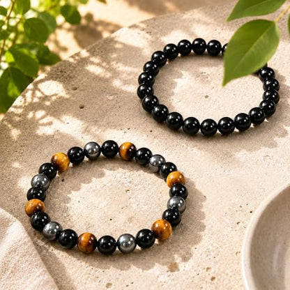 Triple Protection Bracelet Set, Healing Crystal Beaded Bracelets, Genuine Tiger Eye Black Obsidian Hematite, Gift for Men and Women, Natural Stone Jewelry for Grounding Energy and Stress Relief - color: Guardian Flow