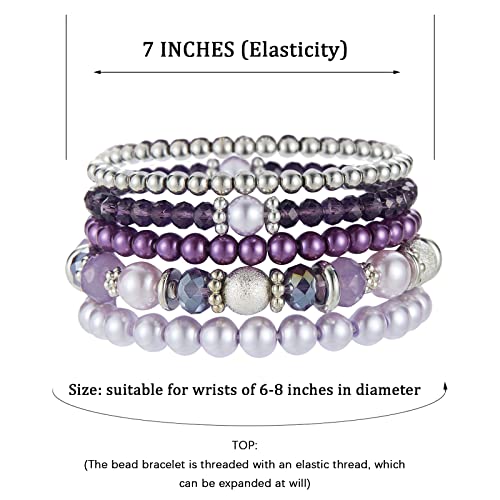 Noessla Beaded Pearl Stretch Bracelet Silver Stackable Crystal Beads Bracelets Trendy Costume Jewelry Mothers Day Gifts for Women - color: Purple