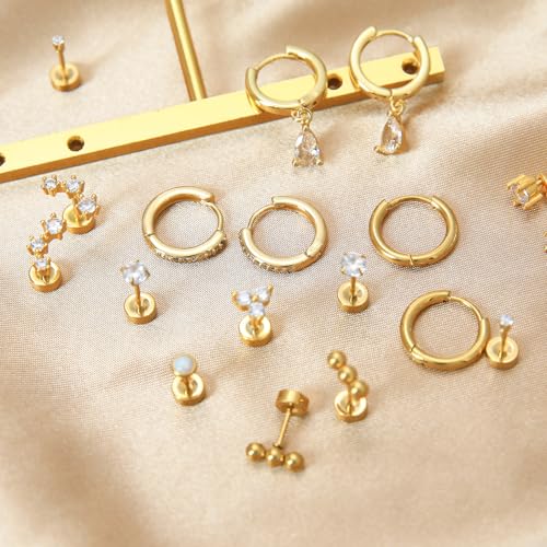 Stainless Steel Stud Earrings Set for Women Hypoallergenic Flat Back Cartilage Earrings Screw Back Huggie Hoop Earrings Multiple Piercing Cubic Zirconia Helix Tragus Jewelry - color: Set-F-14K Gold Plated