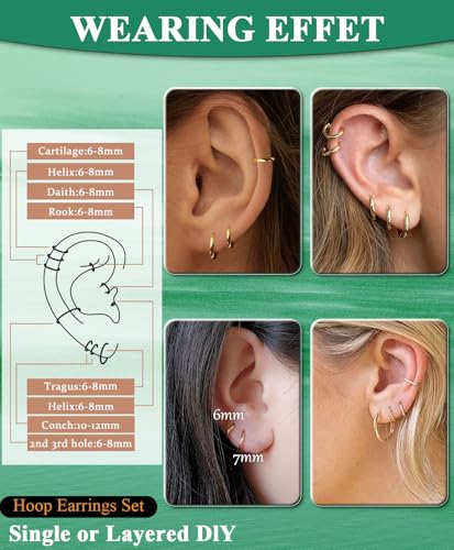 Surgical Steel Huggie Hoop Earrings & Flat Back Studs for Women Men, 6mm-14mm Small Hoops for Cartilage Helix Tragus Lobe, 1-10 Pairs Multiple Piercing Jewelry Set for Sensitive Ears - style: 1Pair,Gold,10mm(THK:1.6mm)