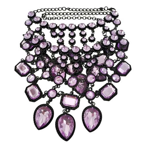 925 Sterling Silver Bib Jewelry Sets For Women - ZA Indian Ethnic Round Water Drop Crystal Tassel Necklace Earrings Jewelry Sets Statement Large, Chunky Rhinestone Necklace - color: Purple - Bib Necklace