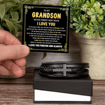 To My GrandSon Bracelet – Cross Braided Leather Bracelet, Meaningful GrandSon Gift from Grandpa & Grandma with Heartfelt Message Card & Elegant Gift Box for Birthday, Christmas, Graduation - color: Version#3
