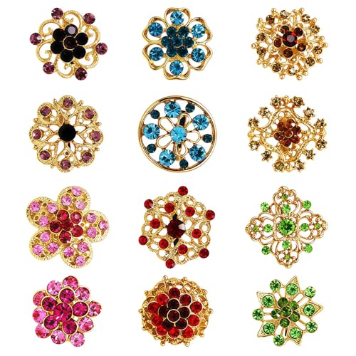 12Pcs Vintage Flower Brooches Set Crystal Rhinestone Brooches for Women Fashion Rhinestone Pins for Women DIY Bridal Wedding Bouquet Crafts - color: Colorful