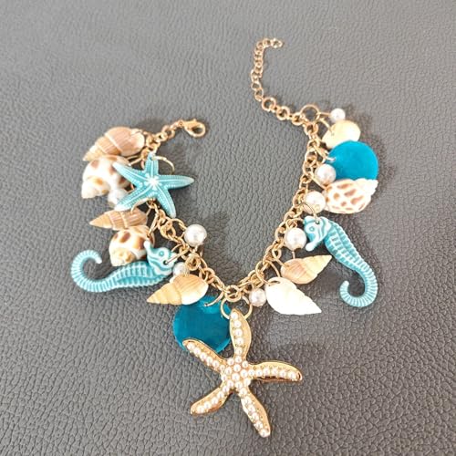 Spiritrain Handmade Starfish Seashell Pearl Bracelets for Women Gold Plated Bohemian Charm Sea Shell Couch Beads Adjustable Chain Anklet Bracelets Hawaiian Beach Holiday Mermaid Costume Jewelry Gifts - color: Blue