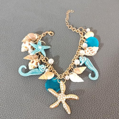 Spiritrain Handmade Starfish Seashell Pearl Bracelets for Women Gold Plated Bohemian Charm Sea Shell Couch Beads Adjustable Chain Anklet Bracelets Hawaiian Beach Holiday Mermaid Costume Jewelry Gifts - color: Blue