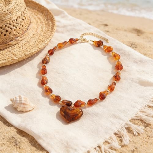 YUJIE Chunky Heart Pendant Necklace for Women- Exaggerated Statement Puff Heart Necklace with Acrylic Beaded Chain - color: Amber-2