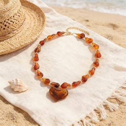 YUJIE Chunky Heart Pendant Necklace for Women- Exaggerated Statement Puff Heart Necklace with Acrylic Beaded Chain - color: Amber-2