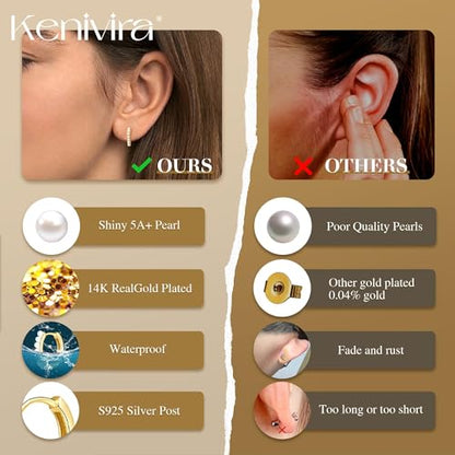 Kenivira Gold Pearl Hoop Earrings for Women | 18K Gold Huggie Dangle Earrings | Lightweight Small Hoop Earrings - color: Pearl & Tiny