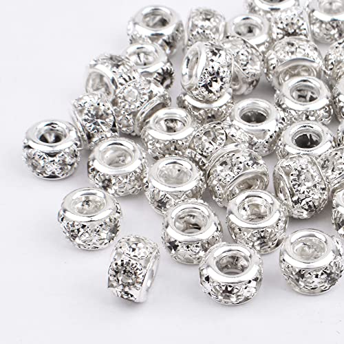 BronaGrand 40 Pieces 8mm Large Hole Rhinestone Beads Crystal Rondelle Spacer Beads Loose Charm Beads for European Bracelet DIY Jewelry Making, Silver - color: Silver, size: 8MM