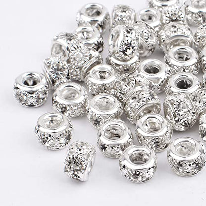 BronaGrand 40 Pieces 8mm Large Hole Rhinestone Beads Crystal Rondelle Spacer Beads Loose Charm Beads for European Bracelet DIY Jewelry Making, Silver - color: Silver, size: 8MM