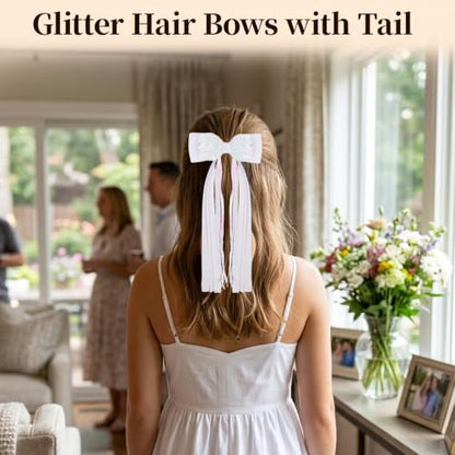 Girls White Sequin Hair Bow Clip with Long Sequin Streamers, Shiny Non-shed | 2Pcs Handmade Ribbon Wrapped Non-slip Alligator Clips, Hair Accessories for Party Daily School Birthday Photo Shoots - color: White