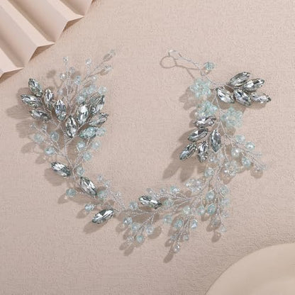 Teyglen Mint Green Rhinestone Wedding Headband Bride Crystal Wedding Hair Vine Bridal Headpiece for Women Party Prom Wedding Hair Accessories Crystal Wedding Hair Piece(Mint Green) - color: Mint Green