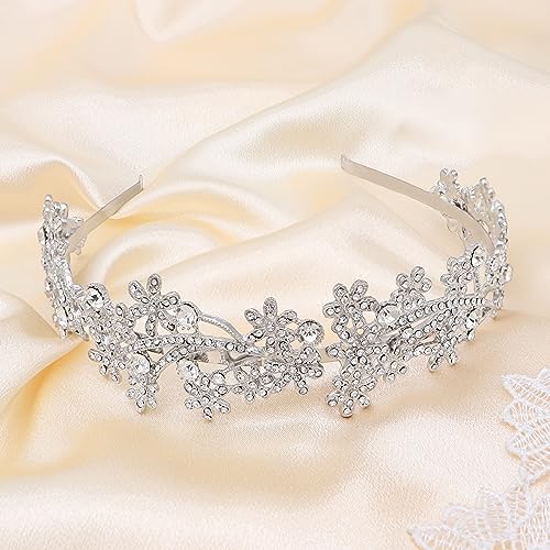 Wedding Headband Crystal Bridal Headdress Flower Design Headpiece For Women (Silver)