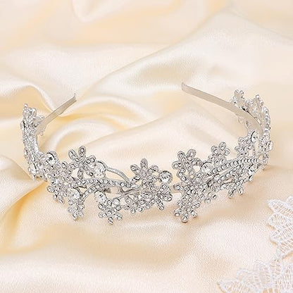 Wedding Headband Crystal Bridal Headdress Flower Design Headpiece For Women (Silver)