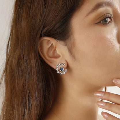 Elegant C-Shaped Crystal Stud Earrings with Birthstone Earring Silver Plated Fashion Jewelry for Women CE0003 - color: Blue-September