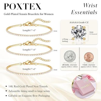 925 Sterling Silver Bracelets for Women Stack, Trendy Tennis Bangle Cuff Jewelry Set 14K Gold Plated, Adjustable Bracelet Set for Wrist Essentials, Women Fashion Watch Band Acecessories - style: Bracelet_3pcs(Gold Tennis Set 2mm)