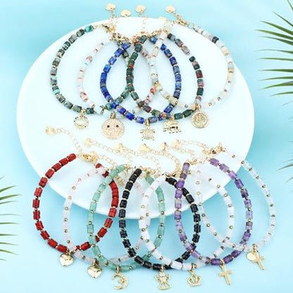 Natural Gemstone Healing Crystal Dainty Charms Bracelet Adjustable Chain Extender Minimalist Jewelry - color: Amethyst + Cross
