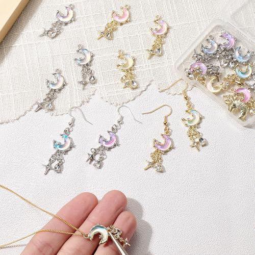 Moon Charms for Jewelry Making Alloy StarCharms Glass Golden Silver Metal Pendants for DIY Earring Bracelet - color: Silver