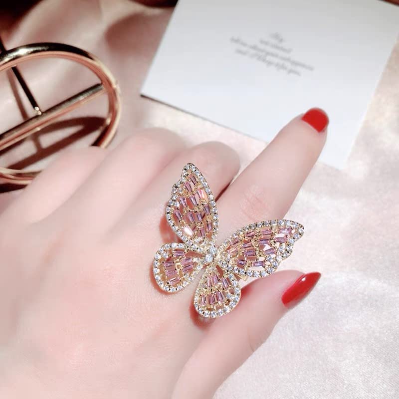 Butterfly Rings for Women Adjustable Golden Cocktail Ring Sparkly Stones Statement Silver Bow Open Wrap Bow Jewelry Bridesmaids Wedding Valentine’s Day Gift Lover Mother - color: JZ03-Gold Pink