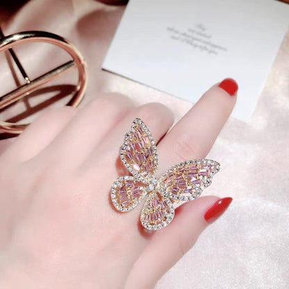 Butterfly Rings for Women Adjustable Golden Cocktail Ring Sparkly Stones Statement Silver Bow Open Wrap Bow Jewelry Bridesmaids Wedding Valentine’s Day Gift Lover Mother - color: JZ03-Gold Pink