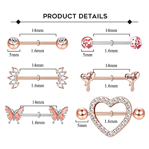 Besteel 8 Pairs Nipple Rings 14G Stainless Steel Nipplerings CZ Heart Butterfly Ball Tongue Barbell Rings Retainer Body Piercing Jewelry for Women
