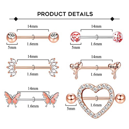 Besteel 8 Pairs Nipple Rings 14G Stainless Steel Nipplerings CZ Heart Butterfly Ball Tongue Barbell Rings Retainer Body Piercing Jewelry for Women