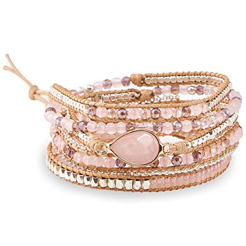 Bracelet for Women – Handmade Vegan Boho Natural Stone Layered Bracelet, Thailand Bohemian Stackable Beaded Wrap Bracelets, Summer Hippie Bracelet Stack, Fashion Jewelry Gifts - color: A2-Rose Gem