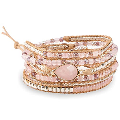 Bracelet for Women – Handmade Vegan Boho Natural Stone Layered Bracelet, Thailand Bohemian Stackable Beaded Wrap Bracelets, Summer Hippie Bracelet Stack, Fashion Jewelry Gifts - color: A2-Rose Gem