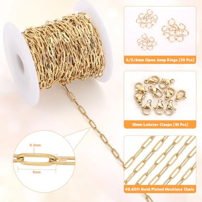 43ft Gold Chain for Jewelry Making 18k Gold Plated Stainless Steel Paperclip Chain Roll with 10Pcs Lobster Clasps and 30Pcs Jump Rings for Charm Bracelet Necklace Jewelry DIY Craft Accessories