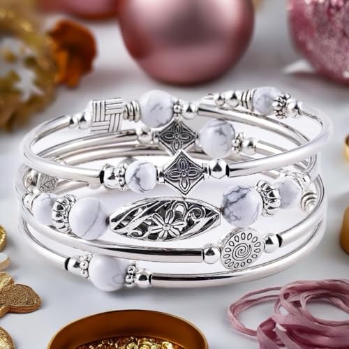 Boho Wrap Beaded Bracelet for Women – Handmade Natural Stone Jewelry – Stainless Steel Adjustable Ethnic Chic Gift - color: Natural White